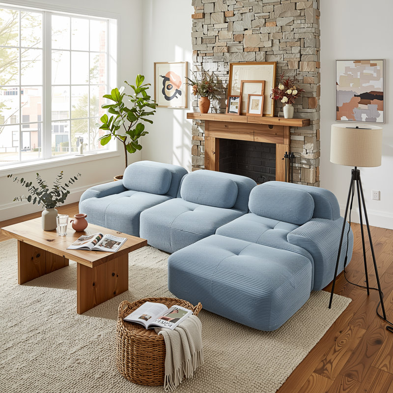 Canapé d'angle modulaire en velours côtelé bleu ciel, 116 po, assises profondes et accoudoirs incurvés, Bleu