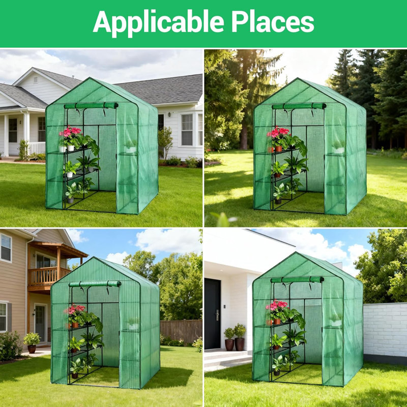 Walk-in Greenhouse, 56 x 56 x 77 Inch Outdoor Plant Green House with 3 Tiers 8 Shelves, Heavy Duty Steel Frame & Thicken PE Cover, Portable Greenhouses for Balcony Patio Deck Gardening Green