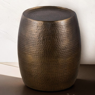 18" Wide Round Aluminum End Table With Hand Hammered Antique Gold Design, Adds Elegance To Room 21" Tall Side Glossy Finish, Ideal For Small Spaces