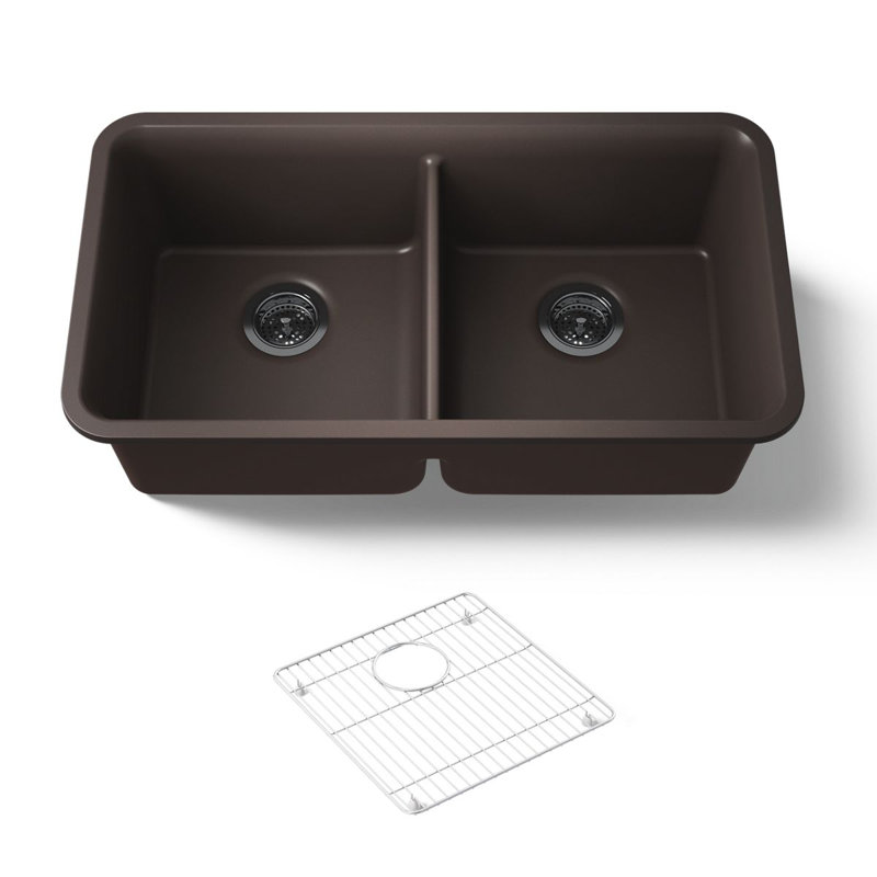 Cairn® 34" L x 18" W Under-Mount Double-Equal Kitchen Sink, Matte Brown