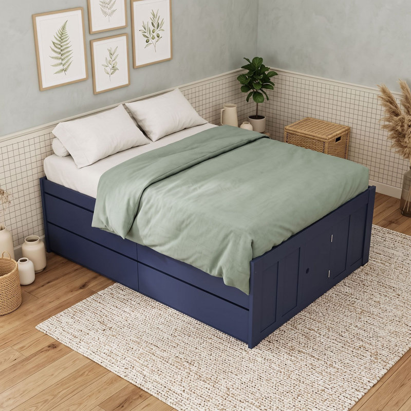 Lit plateforme avec tiroirs de rangement sous le lit et sommier à lattes pour un gain d'espace, Lit double, Marine
