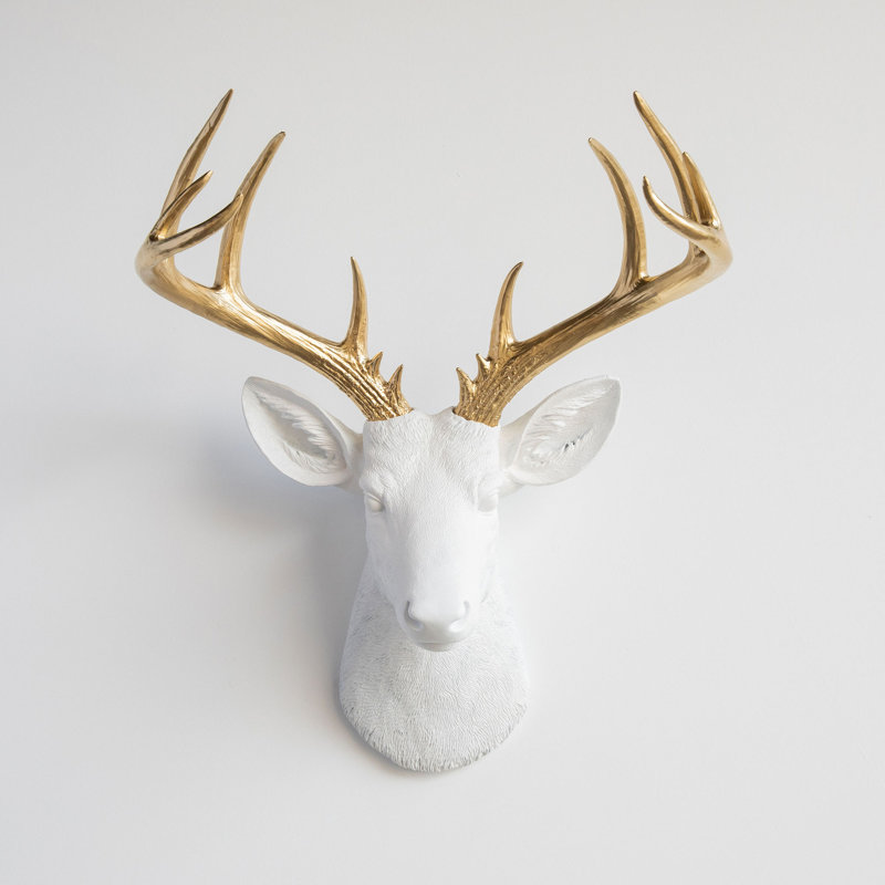 Grande décoration murale fausse tête de cerf naturalisée, Blanc / Doré