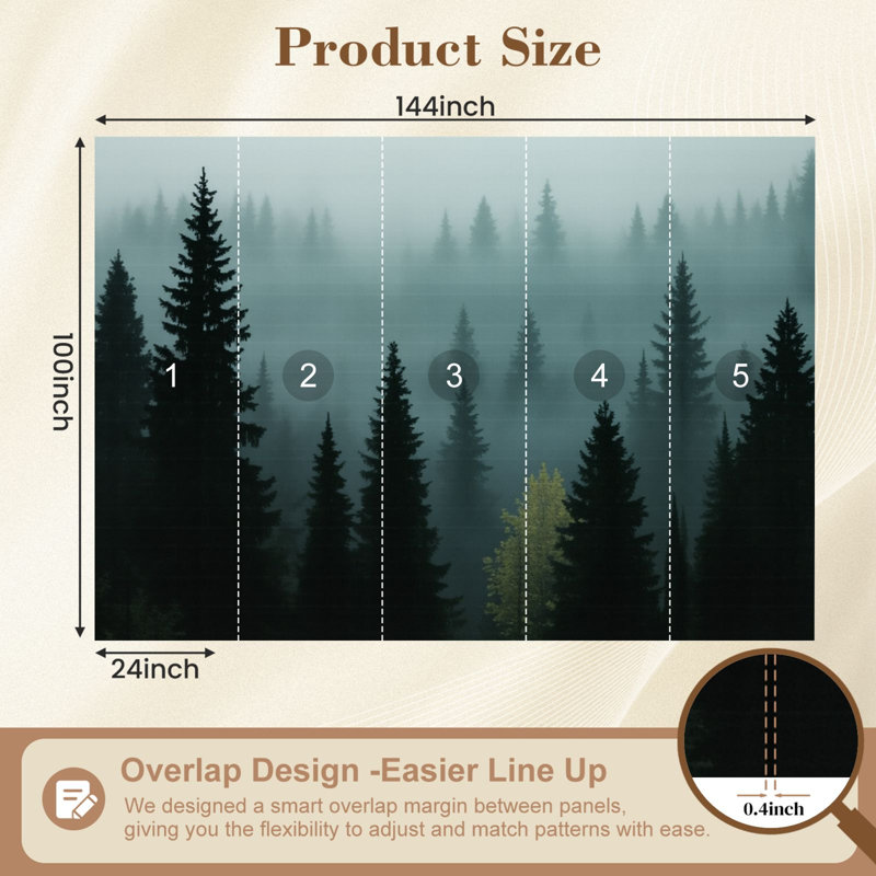 Papier peint adhésif forêt forêt de pins brumeux, arbres vert foncé, atmosphère brumeuse, papier peint amovible en PVC, H 100 po x l 144 po, pour le bureau de la chambre à coucher, bureau à domicile