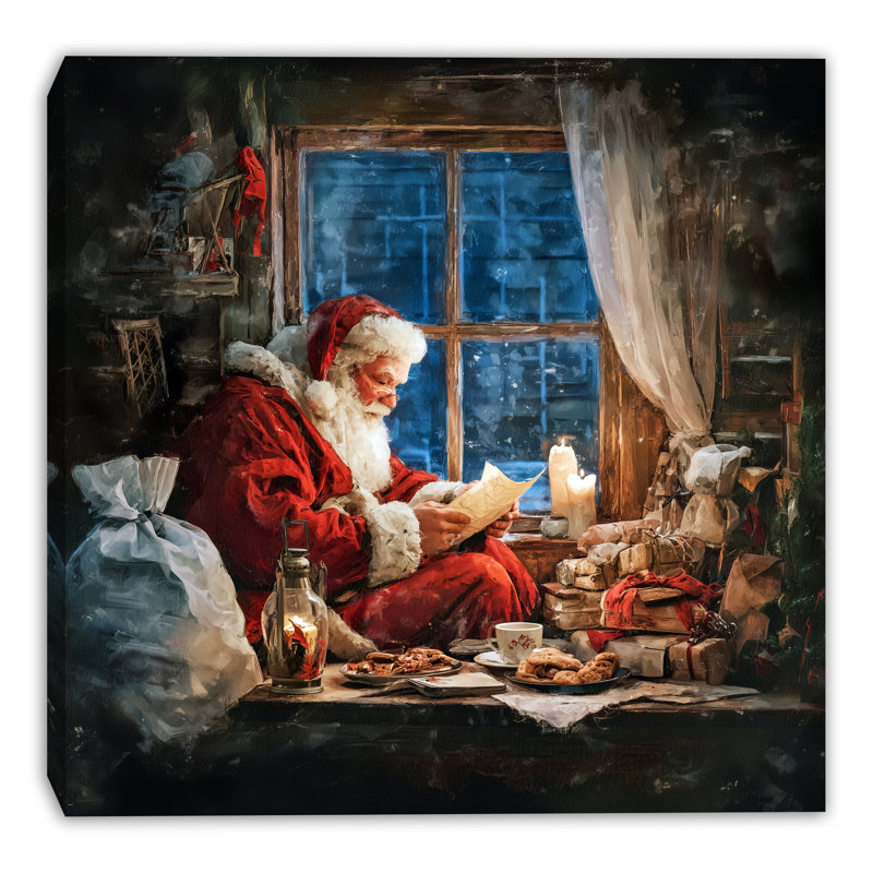 «Santa by the Window - Cozy Christmas Eve», lecture d'art sur toile tendue, H 12 po x l 12 po