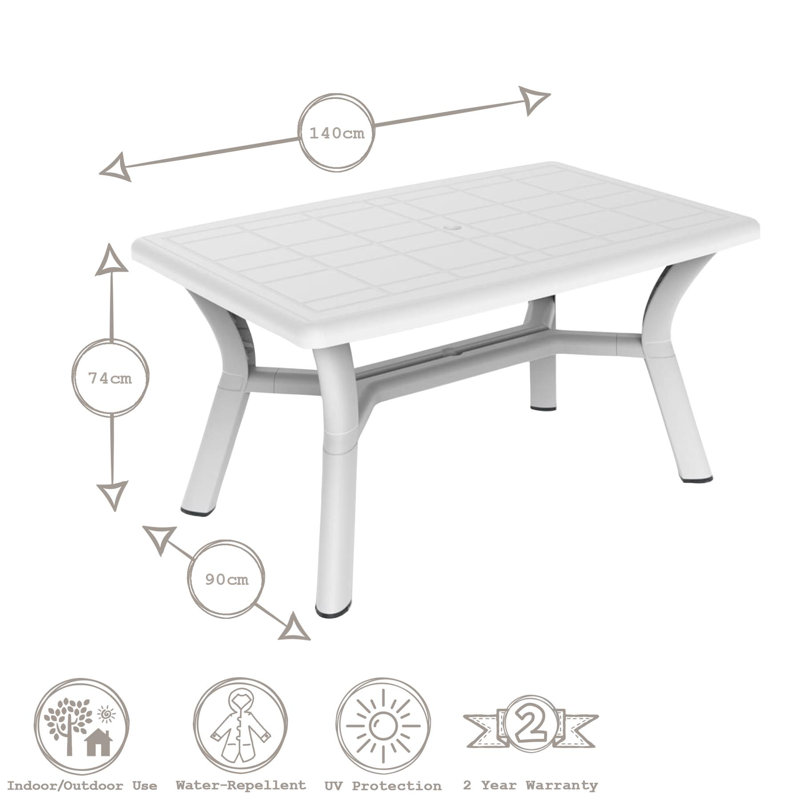 Resol - 4 Seater Tulip Rectangular Plastic Garden Dining Table - 90cm x 140cm, White