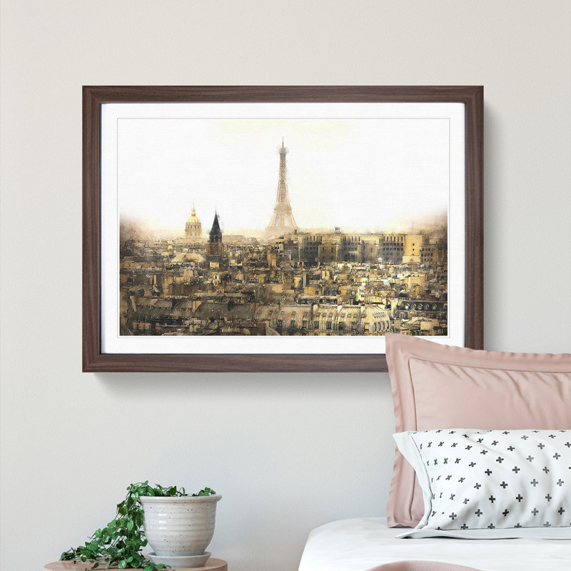 Misty Eiffel Tower in Paris France - Picture Frame Graphic Art Print, 33cm H x 45cm W x 2cm D, Walnut Framed