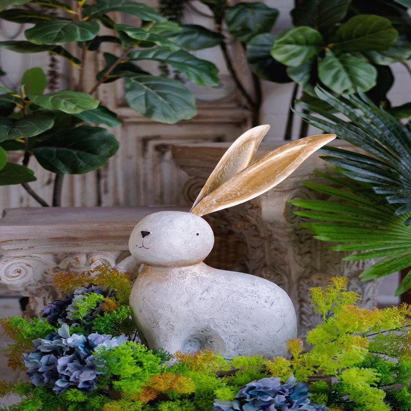 Figurine 13,8 x 6,1 x 20,9 po en forme de lapin en magnésium blanc avec oreilles en fer doré