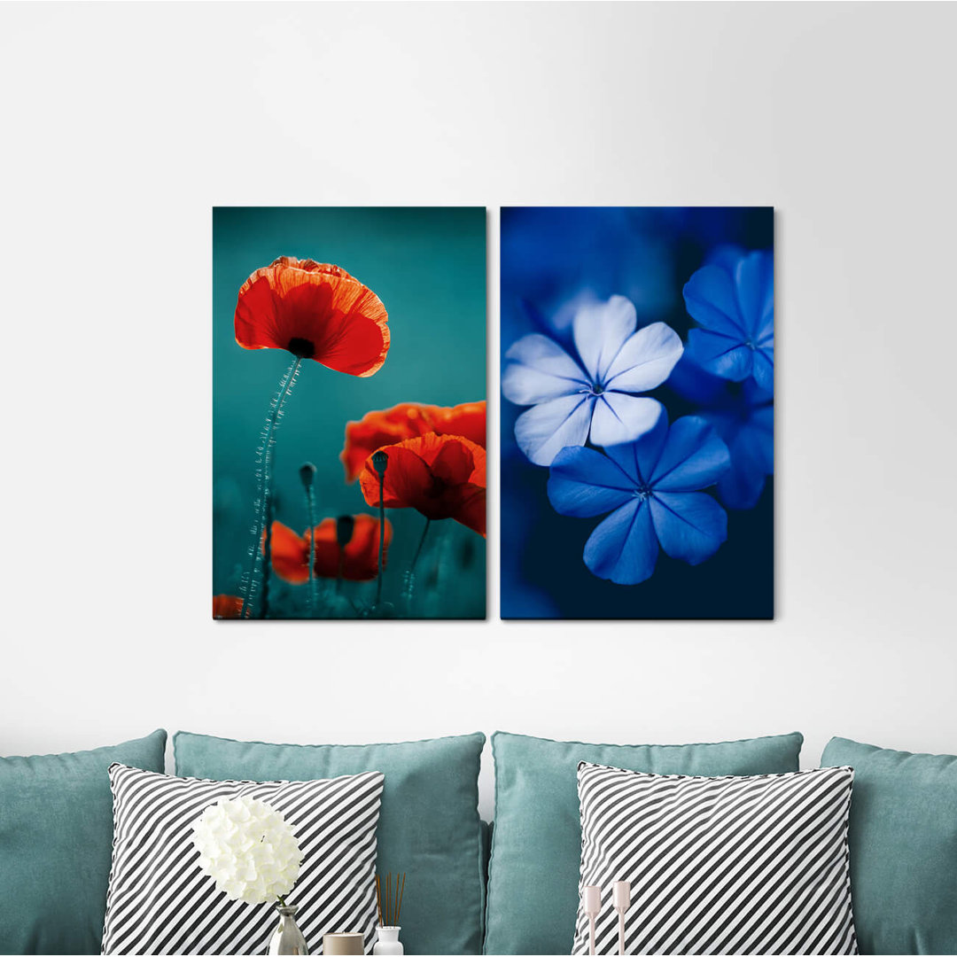 2-tlg. Leinwandbilder-Set - Fotografie „Flowers Blossoms Blue Red Summer Tender”