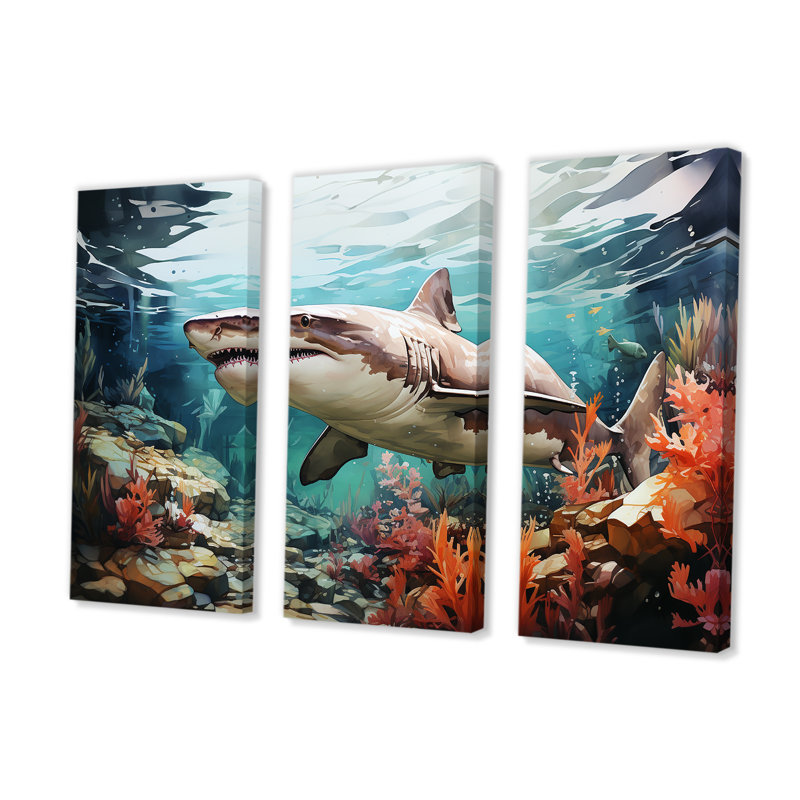 Silent Hunter Sharks Portrait IV - Coastal Coral Under Water, ensemble d'art sur toile, H 28 po x l 36 po
