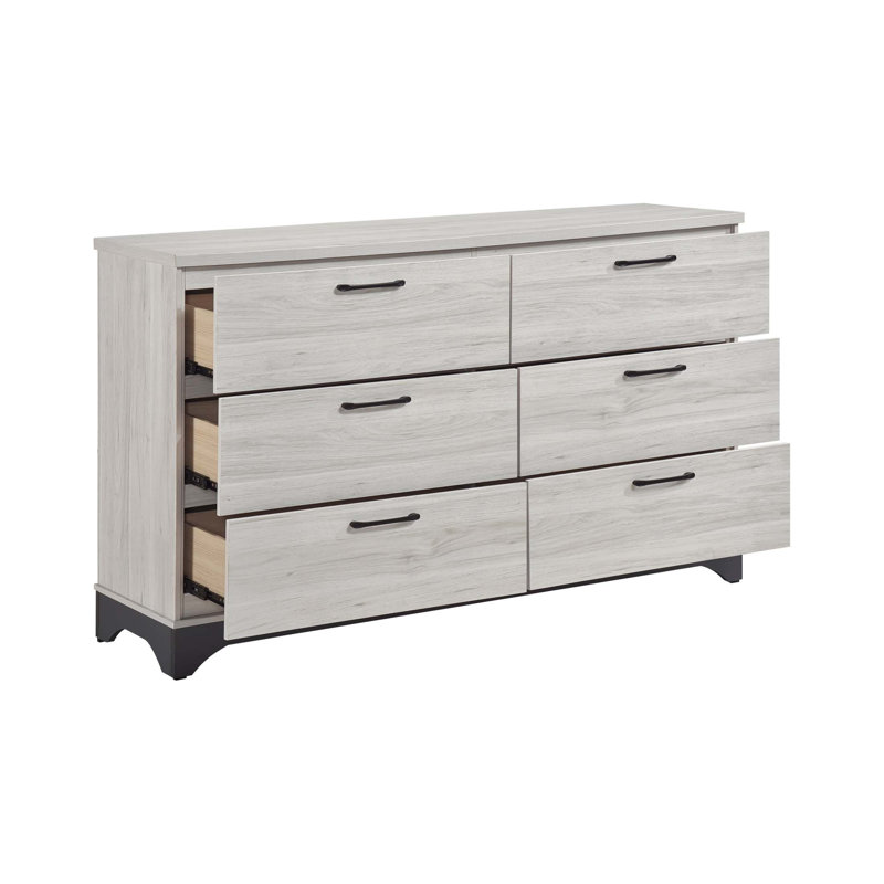 Commode contemporaine à 6 tiroirs en bois avec finition bicolore, aucun assemblage requis et rangement spacieux pour les chambres à coucher modernes