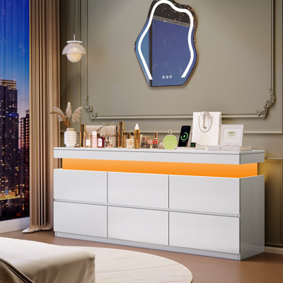 55" TV Stand With Drawers, Dressing Table 6 Drawer  With LED Light White