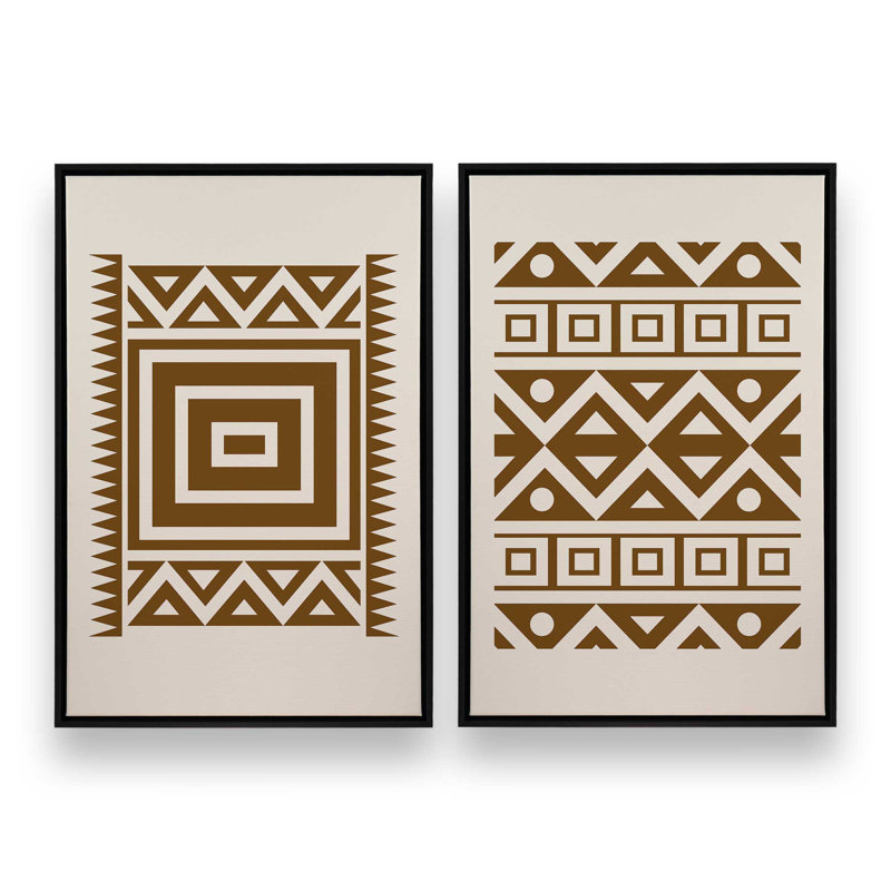 Ensemble de 2 motifs tribaux modernes en brun Moderen, H 19 po x l 26 po, Cadre flottant noir satiné