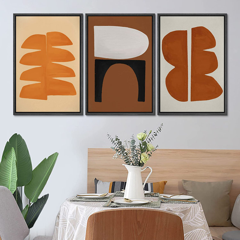 «Retro Geometric Mid-Century Polygons Abstract Shapes Illustration», ensemble de 3 peintures encadrées sur toile flottante