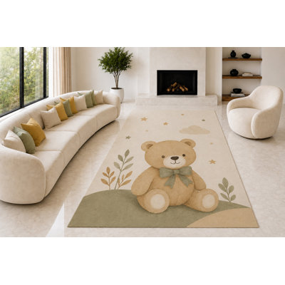 "Ultra Light Weight" Large 6'7" x 9'10" Nursery Teddy Bear Area Rug for Living Room, Bedroom and Home Office, Soft Low Pile Carpet with Non-Slip Silicone Backing, Beige and Brown