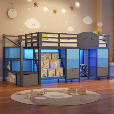 Lit mezzanine bas pour enfant (1 place) avec 9 tiroirs de rangement, bibliothèque et éclairage DEL, en métal, avec escalier et barrière de sécurité.
