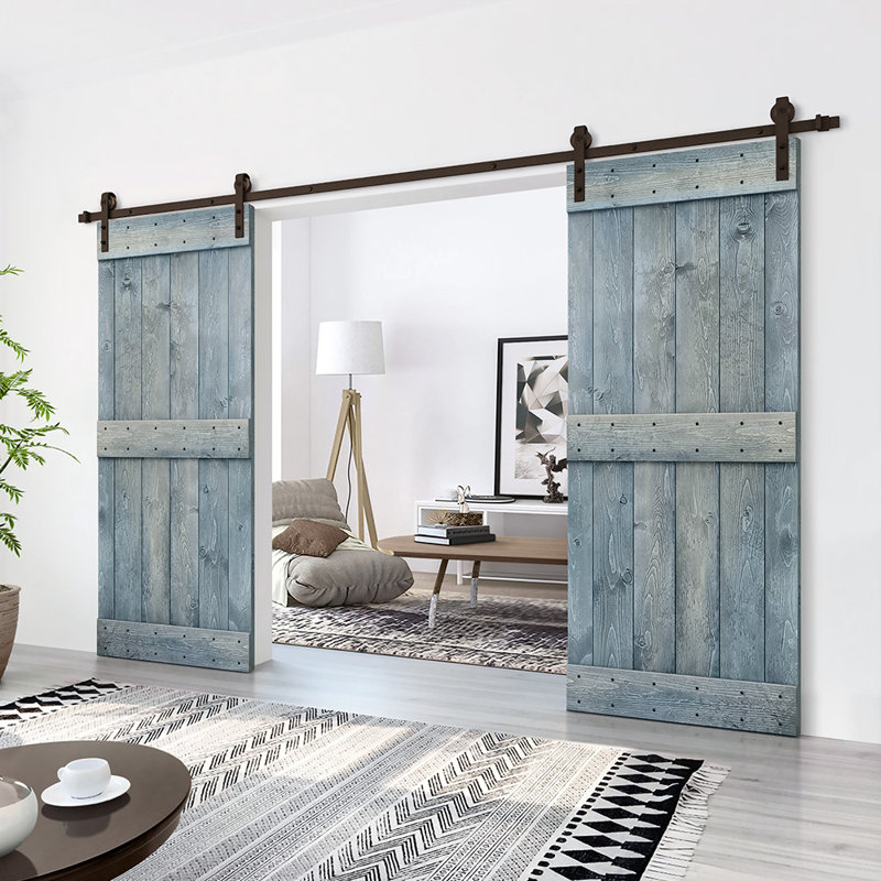 Porte de grange en bois massif lambrissé et métal, 40 po x 84 po, Bleu denim