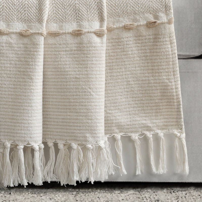 Neutral White Cotton Herringbone Tassel Throw Blanket