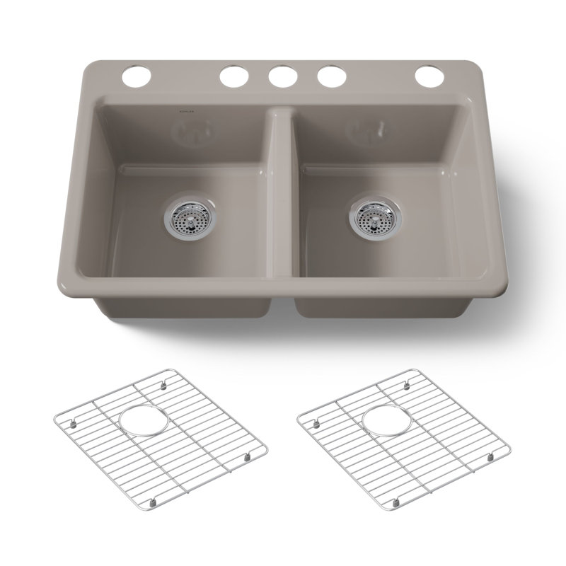 Riverby 33" Enameled Cast Iron Undermount Double Basin Kitchen Sink, Truffle