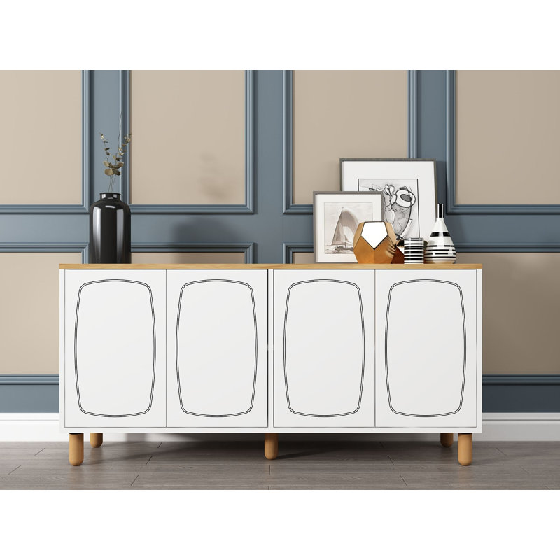 Console moderne Modern, chêne saphir et blanc, 59,1 po x 28,7 po x 14,2 po | 100% panneau de particules enduit de mélamine, épaisseur: 0,7 pouce | Plusieurs tablettes, design scandinave, solution peu encombrante