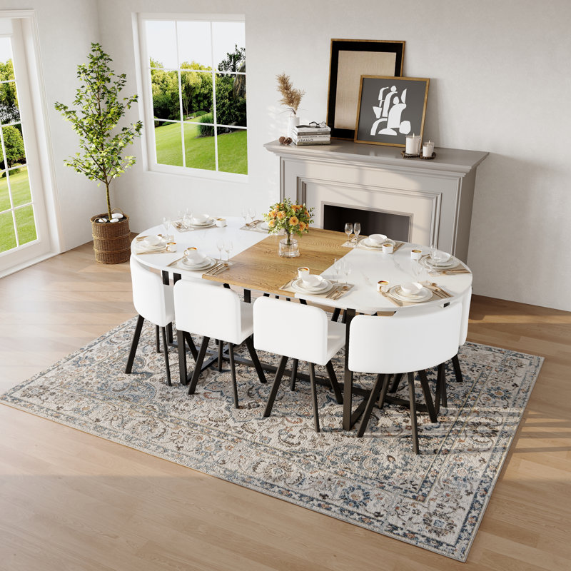9-Piece Oval Dining Table Set, Fixed White Faux Marble & Wood Grain Triamine Tabletop with 8 White PU Leather Chairs, Modern Kitchen Table Set for 8 People, Ideal for Family Gatherings, Dining Room