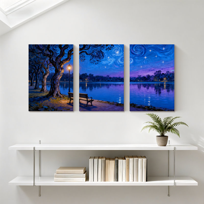 Abstrait, ciel nocturne, lac, arbre, lumière, étoiles, réflexion, ensemble de 3 impressions sur toile, H 36 po x l 72 po
