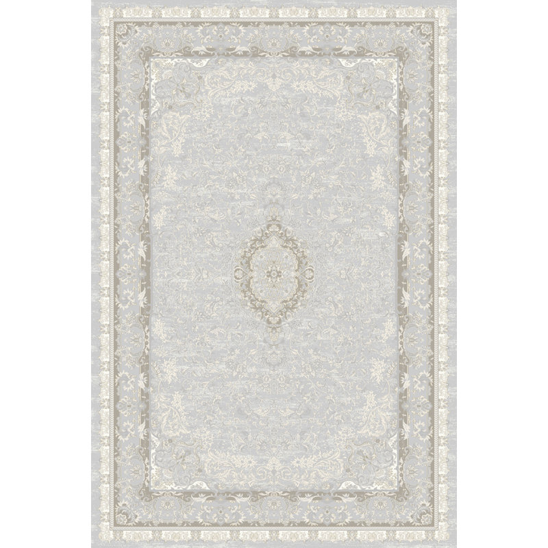 Sapphire Whisper Frame Light Grey Beige Persian Abstract Area Rug, Runner 66 x 240 cm