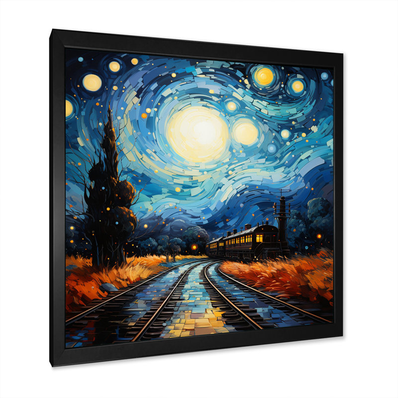 Blue Train Rails By Vincent I - Transportation Wall Art Living Room, H 16 po x l 16 po x P 1 po, Cadre photo noir
