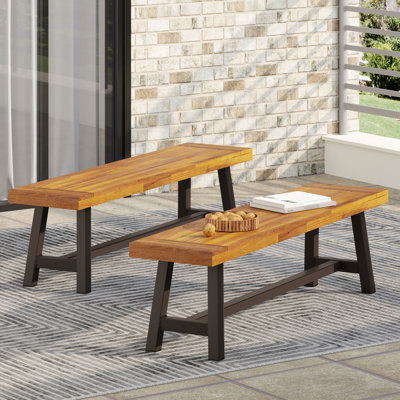 De 2 bancs d'extérieur, style industriel moderne, métal rustique et bois, paire de bancs à panneaux à lattes brun, panneau de style, brun