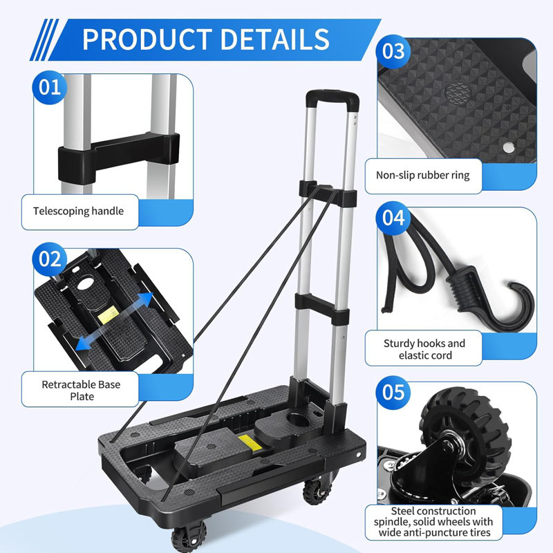 Folding Hand Truck Dolly Cart With Adjustable Handle And Brake Wheels - 290 Lbs Capacity