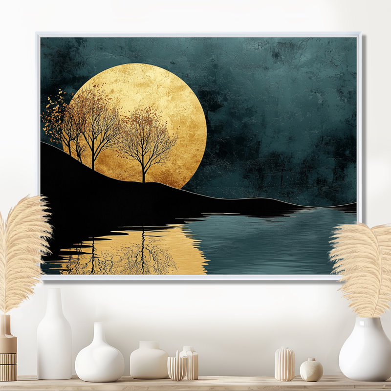 «Quiet Bold River In Emerald Gold Harmony I - Forest River Mountains, art mural, H 30 po x l 40 po, Floater Framed, Blanc