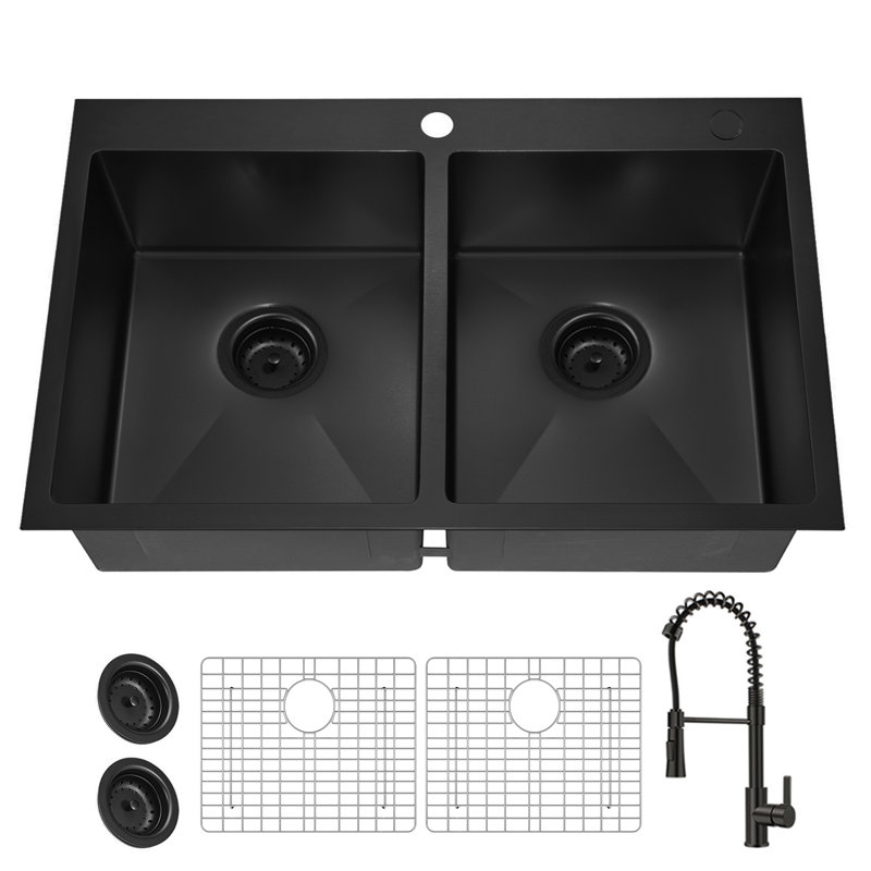 Évier de cuisine 33 po L 33 po à double cuve noire avec robinet coulissant en acier inoxydable de calibre 16