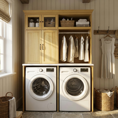 Laundry Room Storage Cabinet With Hanging Rod & Over-Washer Organizer – Space-Saving Laundry Centre With Anti-Tip Kit