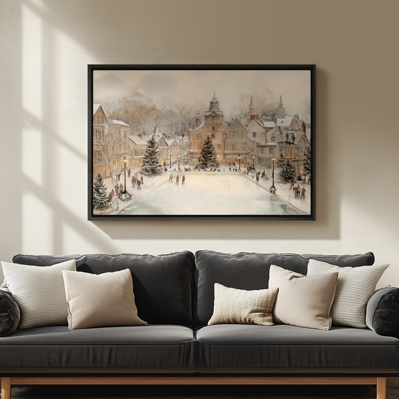 Art mural encadré sur toile - Village d'hiver avec scène de patinage sur glace - 16 po x 24 po, 24 po x 36 po, Noir