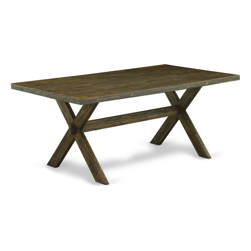 9 Piece Dining Table Set Includes a Rectangle Dining Room Table with X-Legs and 8 Dahlia Linen Fabric Upholstered Parson Chairs, Distressed Jacobean Finish.