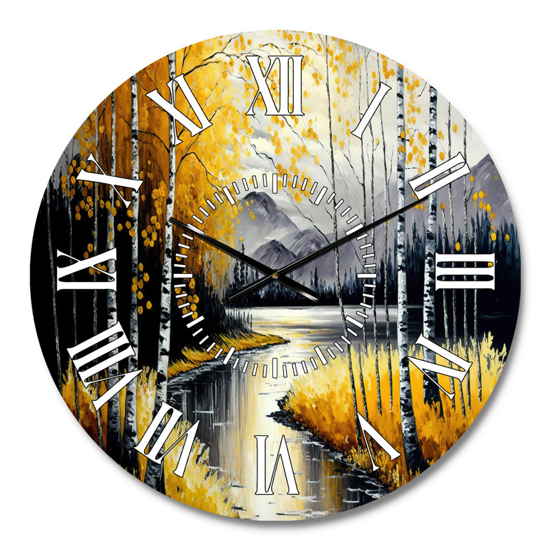Horloge murale grise et jaune au bord du lac II - Paysage et nature, Médium