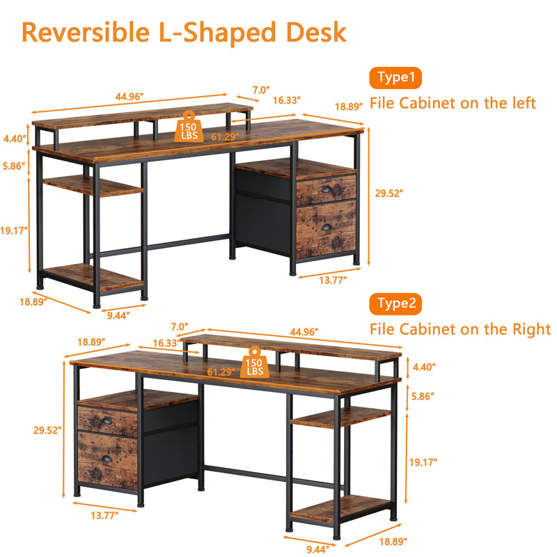 Computer Desk with 2 Drawers, Monitor Stand - Home Office Workstation, Black, Rustic Brown