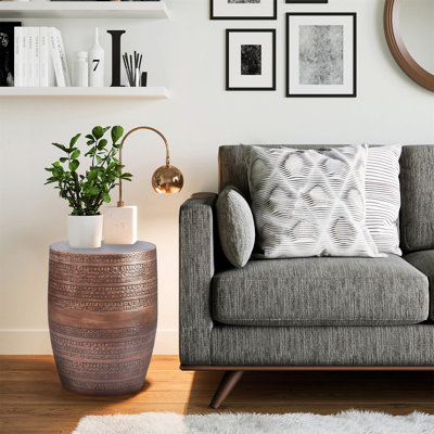 15"W Metal Boho End Table with Drum Design and Textured Finish, Assembled