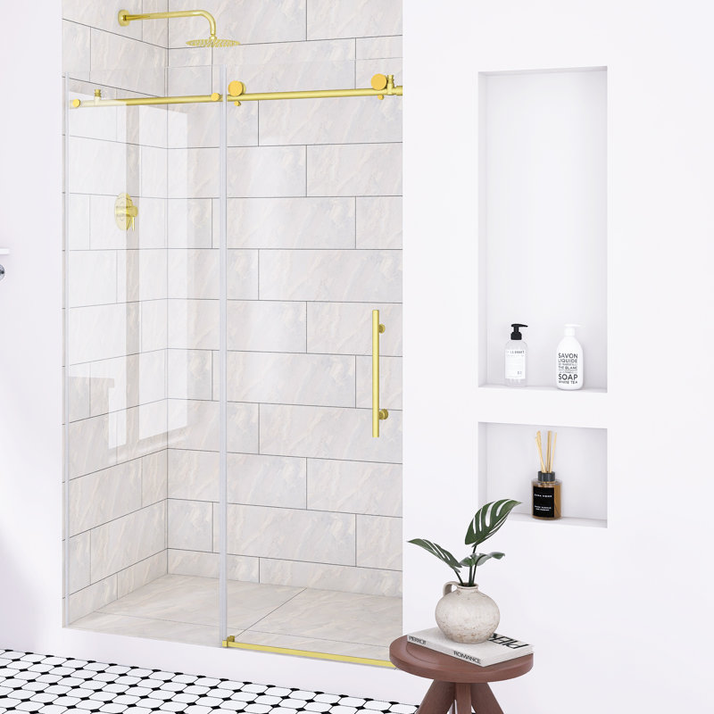 44-48 "W X 76" H Frameless Sliding Shower Door In Brushed Gold｜ 1/4 "(6 Mm)  Tempered Glass｜Elevated Bottom Water Blocking Strip｜Explosion Proof Film｜ Stainless Steel Handle