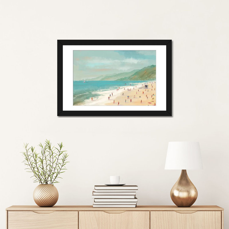 Plage santa monica, H 16 po x l 24 po x P 1 po, Papier beaux-arts encadré noir, Blanc