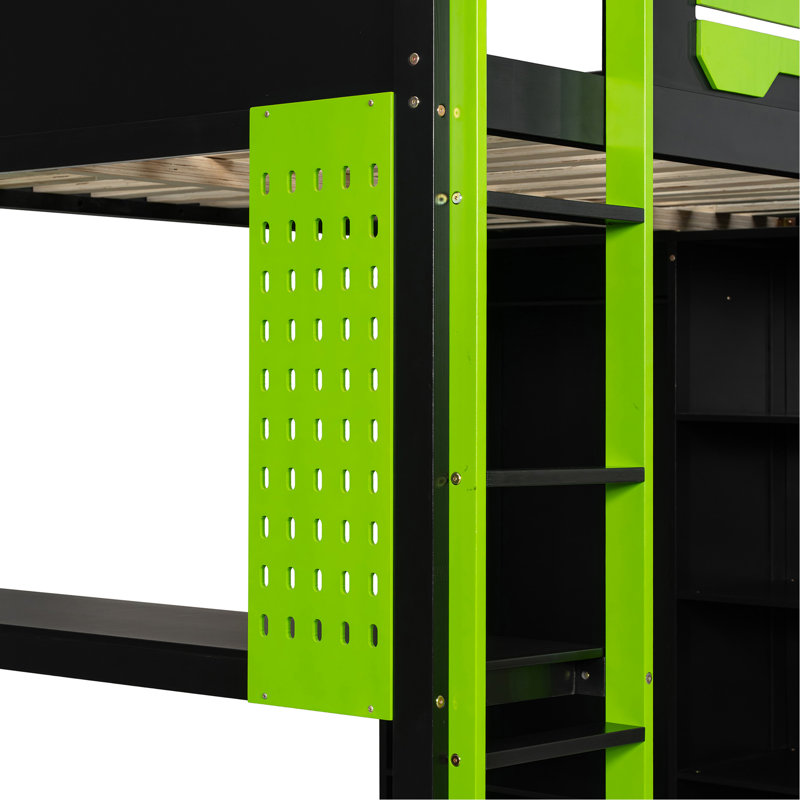 Lit mezzanine double en bois avec bureau, garde-robe ouverte et lumière RVB, vert