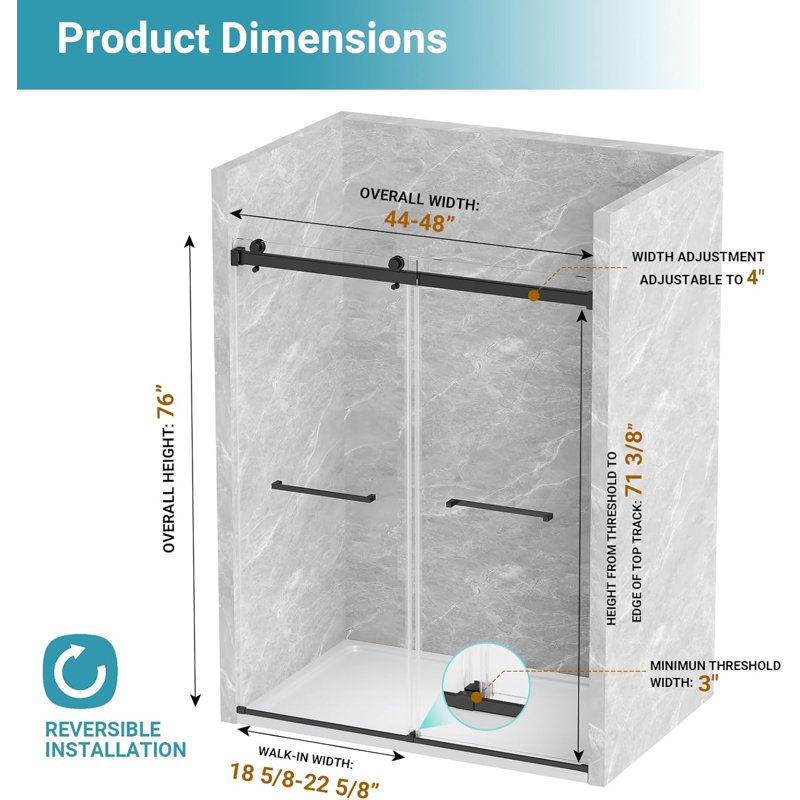 44–48" W x 76" H Modern Frameless Double Sliding Shower Door Tempered Glass and Stainless Steel Hardware, Matte Black
