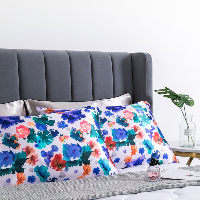 Taie d'oreiller à motif floral, Blanc / bleu / orange