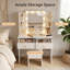 Coiffeuse blanche avec miroir lumineux, prises de courant et tabouret de rangement, 6 tablettes ouvertes et 2 tiroirs-634393512