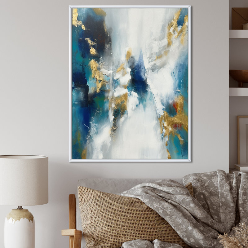 Transcendance abstraite en bleu et or I - reproduction d'art sur toile, Cadre flottant blanc, H 32 po x l 16 po x P 1 po