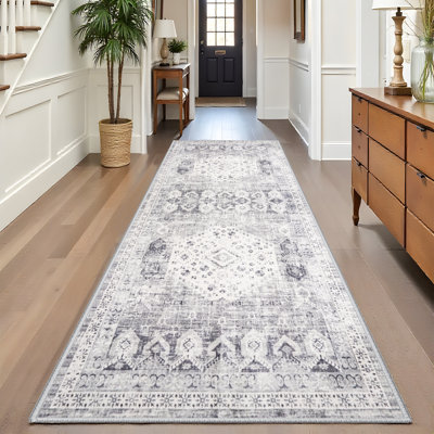Tapis de couloir lavable 4 x 10 - Tapis de couloir large avec envers antidérapant Tapis résistant aux taches et à poils courts pour bureau à domicile Tapis de sol rétro pour salle de bain 4 pi x 10 pi gris