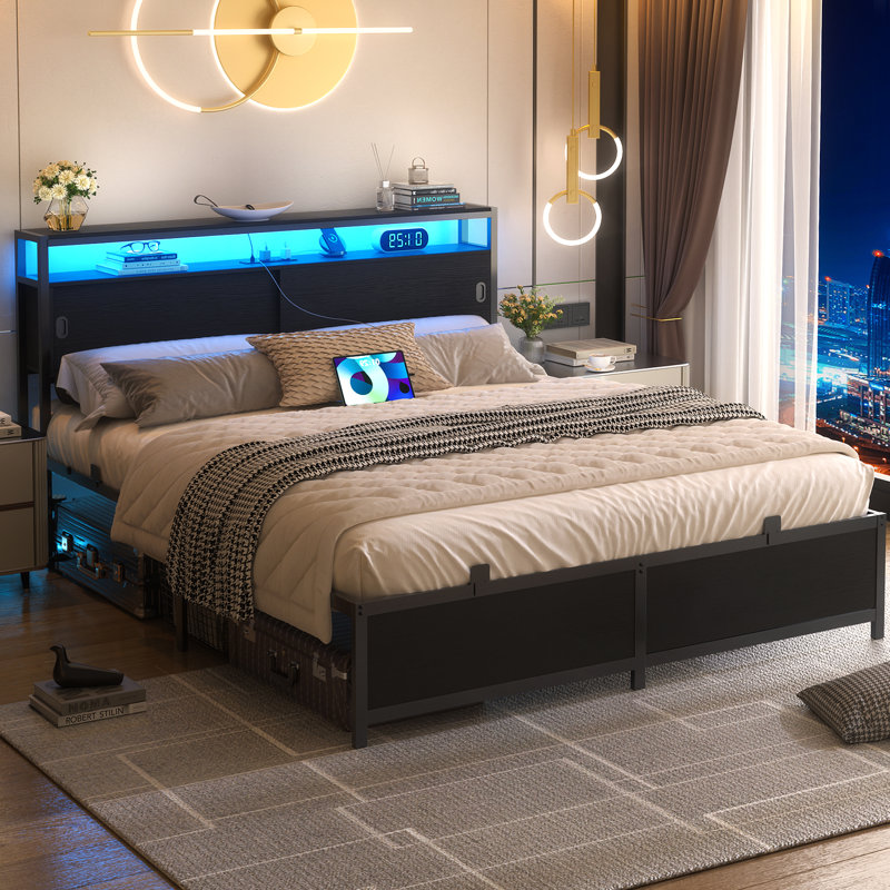 Storage Bed with Sliding Doors, LED Lights & USB Charging Station, Black, Queen