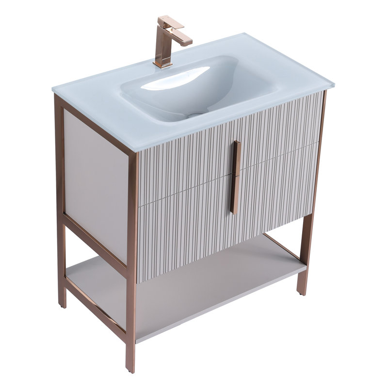  Meuble-lavabo moderne avec plateau en verre blanc Serenity, Taupe vif / or rose, 30"