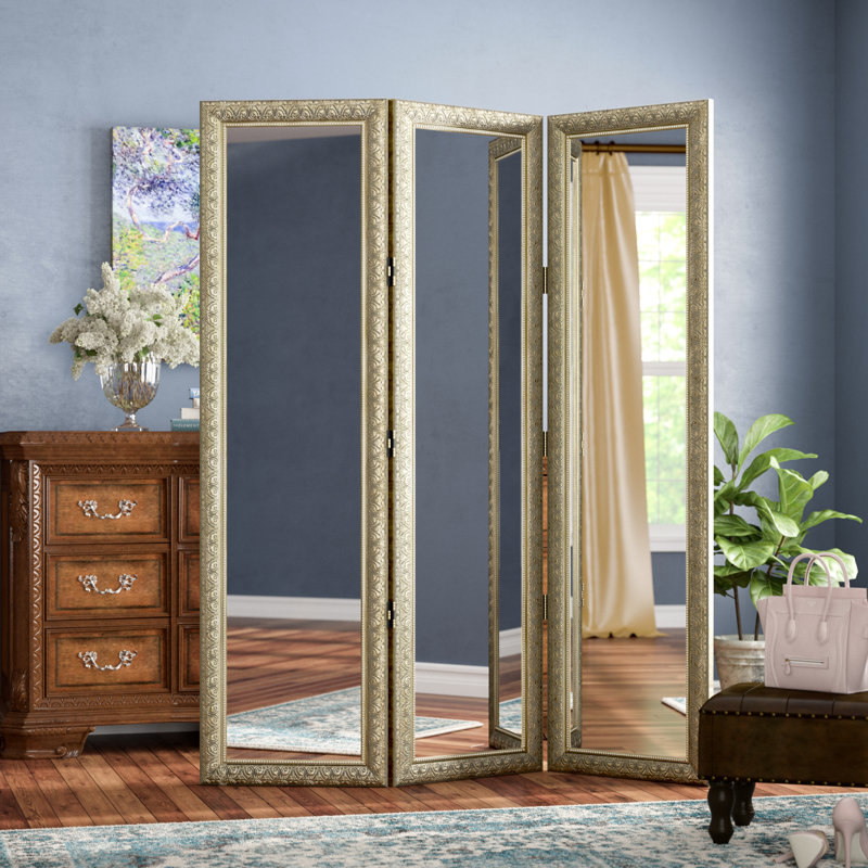 Hayse 60" W x 72" H 3 - Panel Folding Full-size Floor Dressing Mirror, Antique Silver
