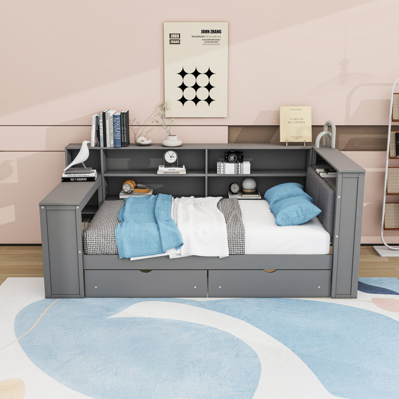 Lit de jour avec DEL, tablettes de rangement, tiroirs, bureau et station de charge, Lit simple, Gris