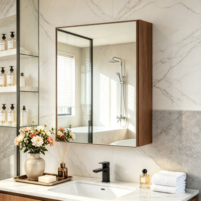 Aluminum Framed Bathroom Mirror Storage Cabinet Wood Grain Surface Mount Smart Cabinet with Built-in Motion Sensor LED Lighting